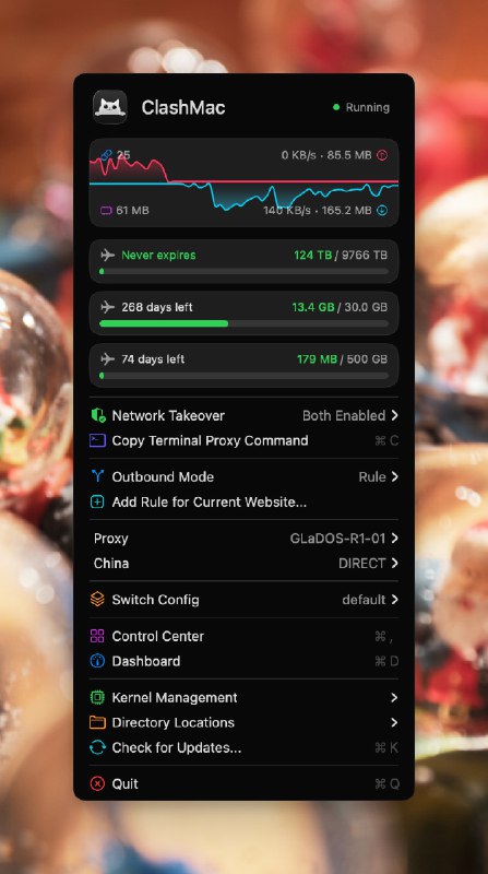 ClashMac v1.1.24🎄 Merry Christmas! 圣诞快乐 🎅【新增】• 多订阅流量信息卡片支持：展示本地配置多订阅提供商卡片【修复】• 代理组切换节点：修复代理组名称含空格时无法切换节点的问题【优化】• 流量曲线图：重构双曲线实现平滑效果⸻下载 · 文档 · 配置