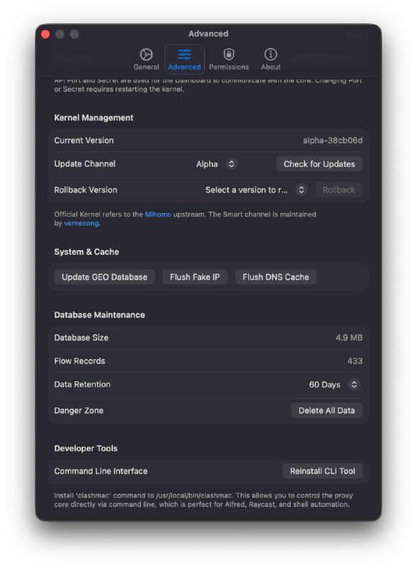 ClashMac-Alpha  新增 数据库维护 和 全局配置热更新