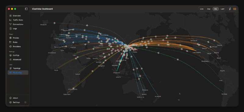 ClashMac 26.4Route Map, Welcome Aboard航线地图，欢迎登机每一次连接，皆有归途Every connection has a story.跨越山海，穿行无形之网Across oceans,through invisible threads.此刻，见证你的旅程Now, witness your journey.• 航线地图：从你的城市起飞，弧线划过地球，降落在代理节点• 实时航班：每条活跃连接就是一架飞机，10秒刷新一次航班动态• 航行日志：实况 / 今日 / 本月 / 上月，回看每一段飞行轨迹• 俯瞰全球：滚轮缩放、拖动平移、双击回到起点• 智能视口：切换时间维度自动调整视野，所有航线尽收眼底• 洲际航线：按目的地洲际分色，亚欧美航线一眼可辨• 夜航灯：深色模式下，航线如夜空中的灯火• 隐私模式：190+ 城市随机起飞点，你的位置只有你知道• 登机仪式：这个世界很大，我们需要一场小小的仪式感⸻下载 · 文档 · 配置