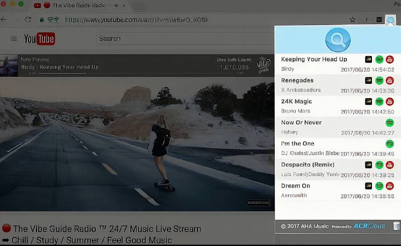  AHA Music 🔘 这款插件可以为你的Chrome增加歌曲识别功能，当你点击扩展时，就会自动嗅探出当前播放的音乐