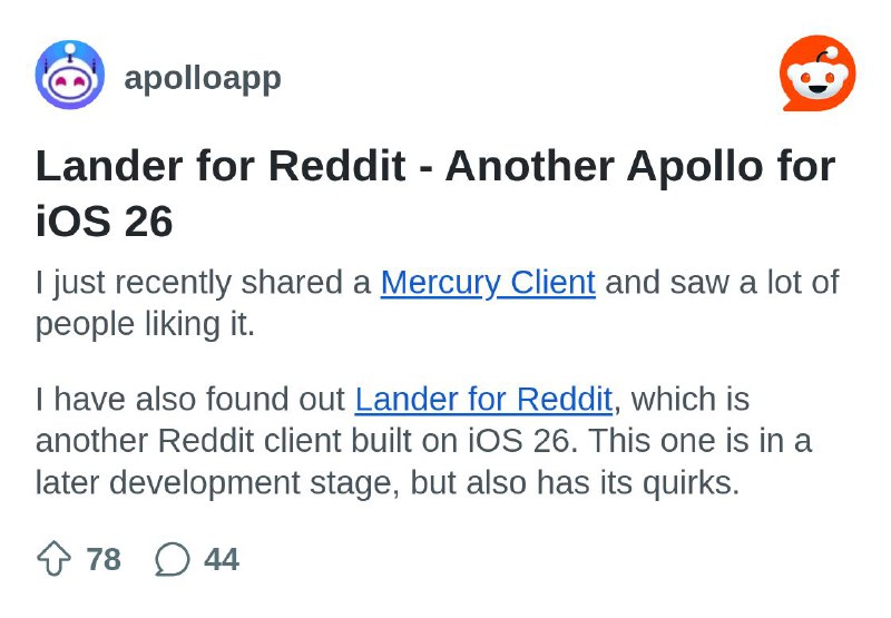 From the apolloapp community on Reddit: Lander for Reddit - Another Apollo for iOS 26