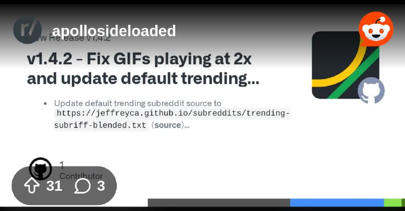 From the apollosideloaded community on Reddit: [Release] Apollo Improved Custom API updated to 1.4.2 (Fix GIFs playing at 2x and…