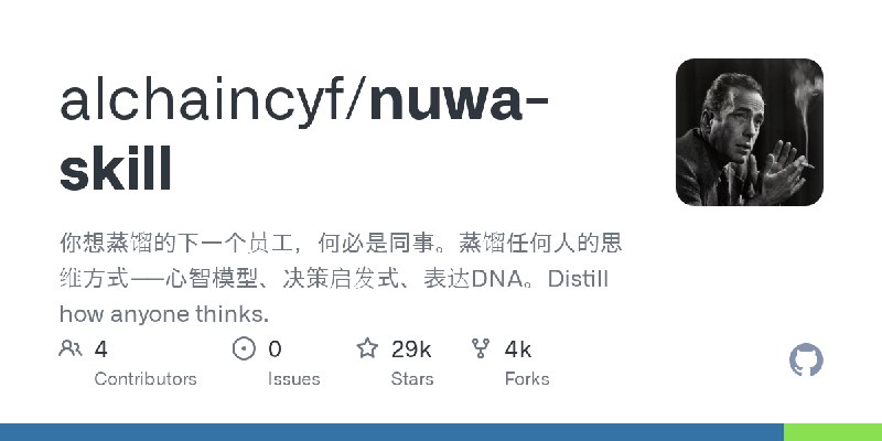 GitHub - alchaincyf/nuwa-skill: 你想蒸馏的下一个员工，何必是同事。蒸馏任何人的思维方式——心智模型、决策启发式、表达DNA。Distill how anyone thinks.