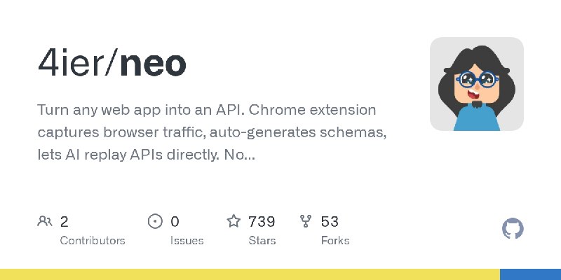 GitHub - 4ier/neo: Turn any web app into an API. Chrome extension captures browser traffic, auto-generates schemas, lets AI replay…