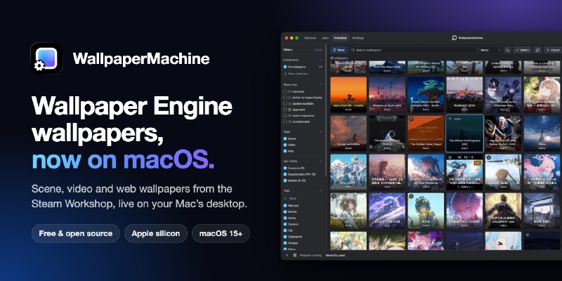 GitHub - WallpaperMachine/WallpaperMachine: Wallpaper Engine wallpapers on your Mac. A free, open-source app that plays scene,…