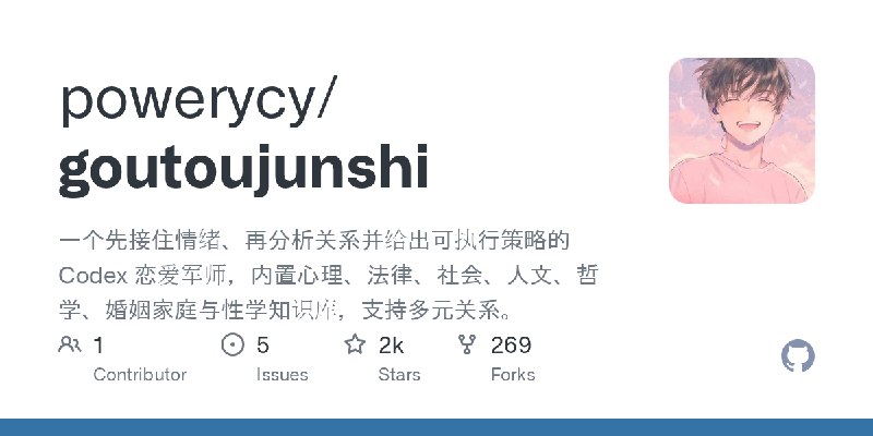 GitHub - powerycy/goutoujunshi: 一个先接住情绪、再分析关系并给出可执行策略的 Codex 恋爱军师，内置心理、法律、社会、人文、哲学、婚姻家庭与性学知识库，支持多元关系。