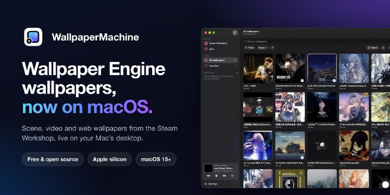GitHub - WallpaperMachine/WallpaperMachine: Wallpaper Engine wallpapers on your Mac. A free, open-source app that plays scene,…