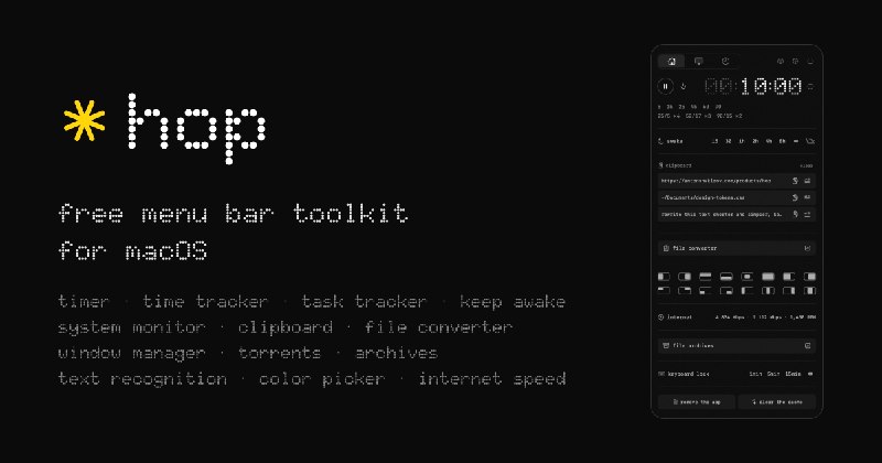 GitHub - antonyshakirov/hop: Free menu bar toolkit for macOS: Pomodoro timer, time tracker, keep-awake, system monitor, clipboard…