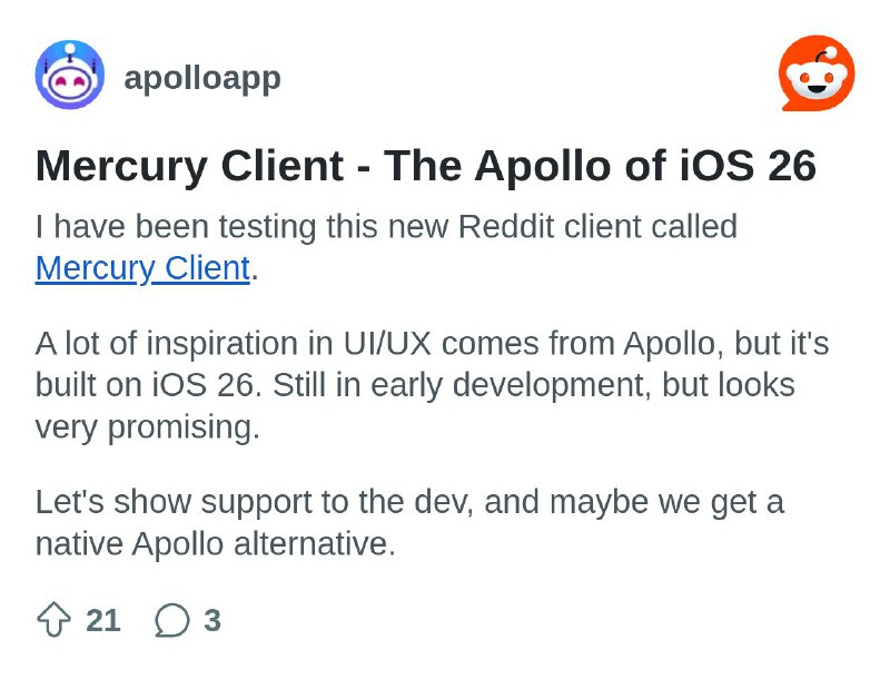 From the apolloapp community on Reddit: Mercury Client - The Apollo of iOS 26