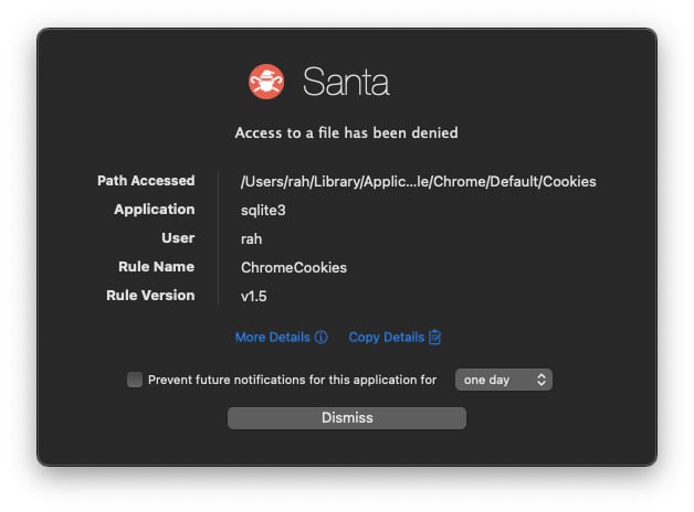 Santa: 面向 macOS 的二进制执行与文件访问授权系统• 支持 MONITOR 和 LOCKDOWN 模式，既能记录全量执行事件，也能实现严格的应用白名单控制• 提供基于 CDHash、Certificate、Team ID、Signing ID 与路径规则的细粒度授权策略，适合企业级终端管控• 内置配置同步服务、用户通知组件和 santactl 命令行工具，方便集中下发策略与日常运维