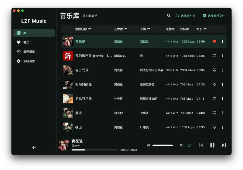 #软件分享LZF Music基于 Flutter 开发的开源音乐播放器，提供简洁，拥有类似 Apple Music 的歌词页面，支持多种 格式（mp3, m4a, wav, flac, aac） 无损格式