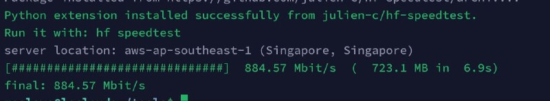 huggingface 的 CTO 写了个 hf CLI 的扩展，用来测从 hf CDN 下载模型的速度hf extensions install julien-c/hf-speedtesthf speedtest我觉得这个还蛮重要的，我测试了下，还挺快