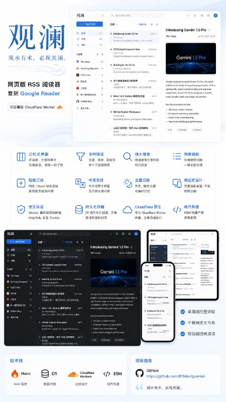 观澜: 网页版 RSS 阅读器来自作者自荐 @KtieMark57羡慕高产“观水有术，必观其澜