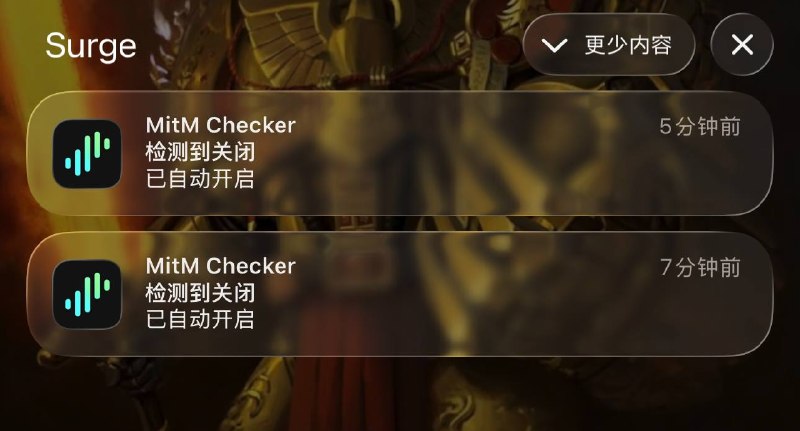 定时自动开启因各种原因被关的 Surge MitM 开关整个活经常有人问为啥  Sub-Store    Script Hub  BoxJs 啥的用不了了...然后发现都是 MitM 开关关了怀疑跟 iCloud 有关, 配置文件寄了一下就自动关了 Surge 模块下载 模块脚本合集  频道资源合集   恰饭推荐   群组 #Surge #模块 #HTTPAPI #MitM