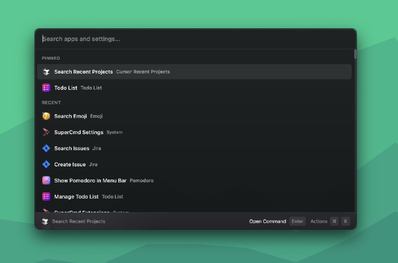 SuperCmd: macOS 全能启动器，集成 Raycast 扩展、语音与 AI  • 兼容 Raycast 扩展，支持完整的 @raycast/api 与 @raycast/utils 接口  • 按住说话即输入，选中文本可朗读，实现 Wispr Flow 与 Speechify 流程  • 内置记忆感知 AI，支持 OpenAI、Claude、Ollama 等多供应商，提供智能指令与上下文记忆  