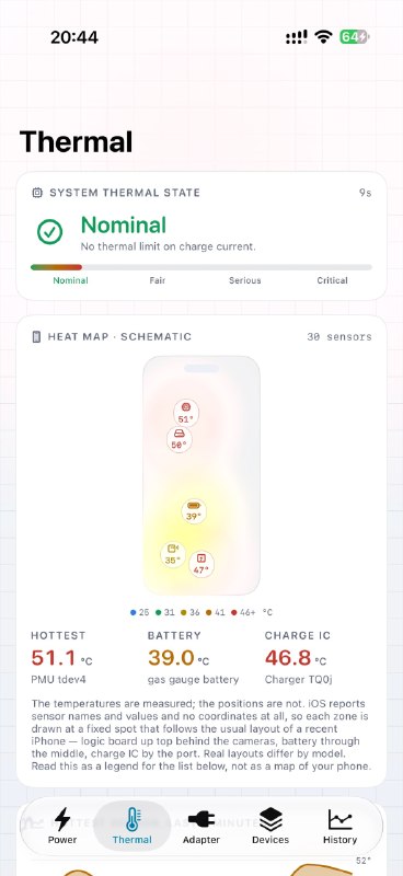 MiniWatts: 面向 iPhone 的底层电池与充电监测工具感谢 MiniBili 作者投稿• 直接读取 iOS 电源管理传感器，展示充电器输出功率、电芯实际入电功率与热耗散数据• 汇总多个温度传感器读数，并提供功率、温度、充电器和历史视图，适合分析充电发热与供电状态• 基于 Apple 私有 API 构建，支持通过 Sideloadly、AltStore、SideStore 或 Xcode 自签安装，适用于 iOS 17 及以上设备