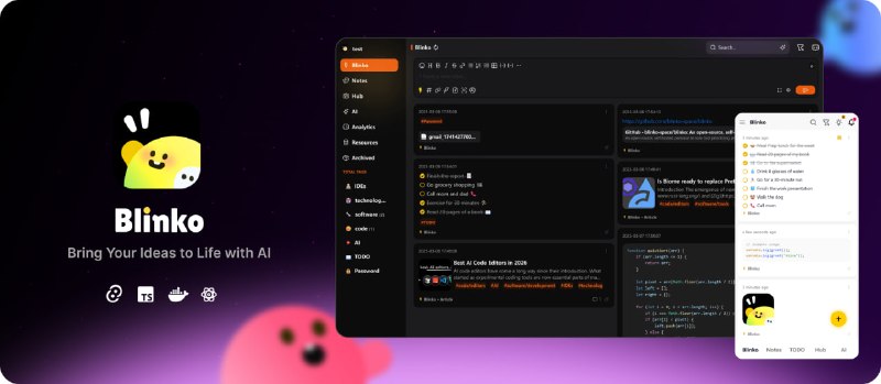 Blinko: AI 驱动的开源自托管卡片笔记工具感谢群友 @Lxcloud 的分享• 基于 AI RAG 实现自然语言检索，支持 OpenAI、Azure OpenAI 与 Ollama，快速定位和关联笔记内容• 支持 Markdown、纯文本快速记录与多端同步，覆盖 Windows、macOS、Linux、Android 等平台，随时捕捉灵感• 自托管架构保障数据所有权，开源生态支持 Docker 一键部署与社区持续贡献，兼顾隐私、安全与扩展性