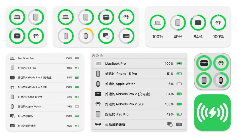 #mac #macOS #AirBattery #Battery #电池 #电量AirBattery在 Mac 上获取你所有设备的电量信息并显示在Dock栏、状态栏上或小组件上! 查看仓库