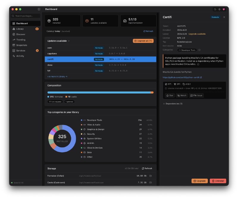 brew-browser: macOS 原生 Homebrew GUI  • 实时浏览、搜索、安装 Homebrew 包，支持输出流式显示与 Brewfile 快照  • Dashboard 汇总安装统计、更新提醒与可选安全曝光卡，快速定位漏洞  • Trending 与 Discover 提供趋势分析、分类浏览与 AI 友好名称  
