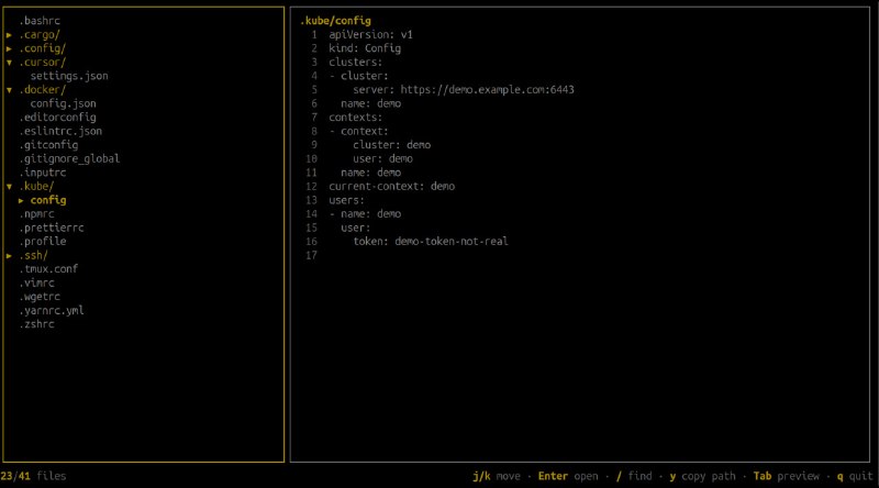 dotty: 终端 UI 浏览 dotfiles 的高效工具汇总所有 ~ 下的 dot 文件 和 dot 文件夹• 支持树形结构快速展开目录，左侧树视图右侧文件预览  • 集成模糊搜索，瞬间定位任意配置文件路径  • 一键复制文件绝对路径至系统剪贴板，提升编辑效率  