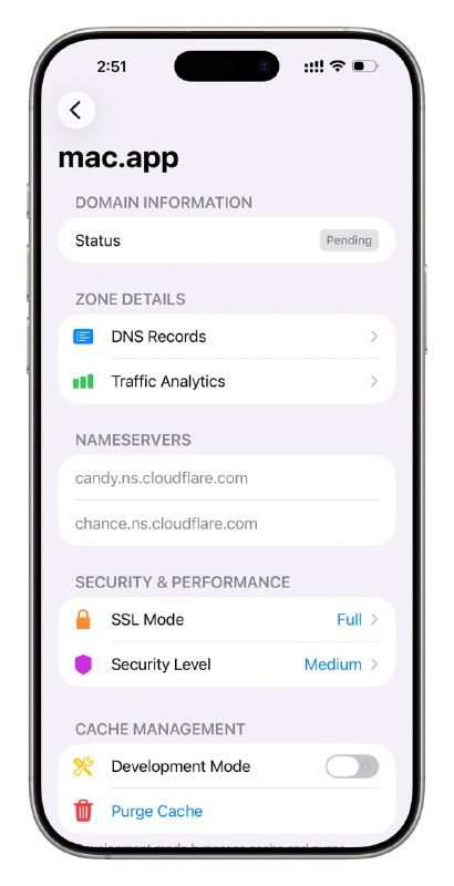 FlareDNS: iOS Cloudflare DNS 管理工具• 支持完整的 DNS 记录增删改查，覆盖 A、AAAA、CNAME、MX、TXT 等常用类型  • 实时展示站点流量与带宽统计，帮助快速定位性能瓶颈  • 将 Cloudflare API 密钥安全存储于 iOS Keychain，确保本地加密不泄露  