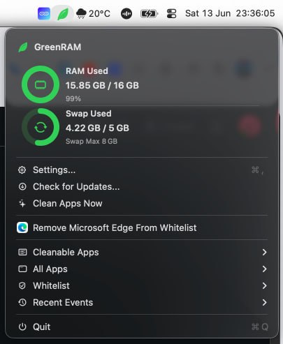 GreenRAM: macOS 内存智能管理工具• 实时监控内存与 Swap 使用情况，提供可视化状态面板，帮助快速掌握系统资源占用情况• 支持应用级内存清理规则，可针对指定应用执行内存回收，提升多任务场景下的系统响应速度• 原生 Swift 开发，支持自动更新与菜单栏快捷操作，兼顾性能表现与日常使用体验