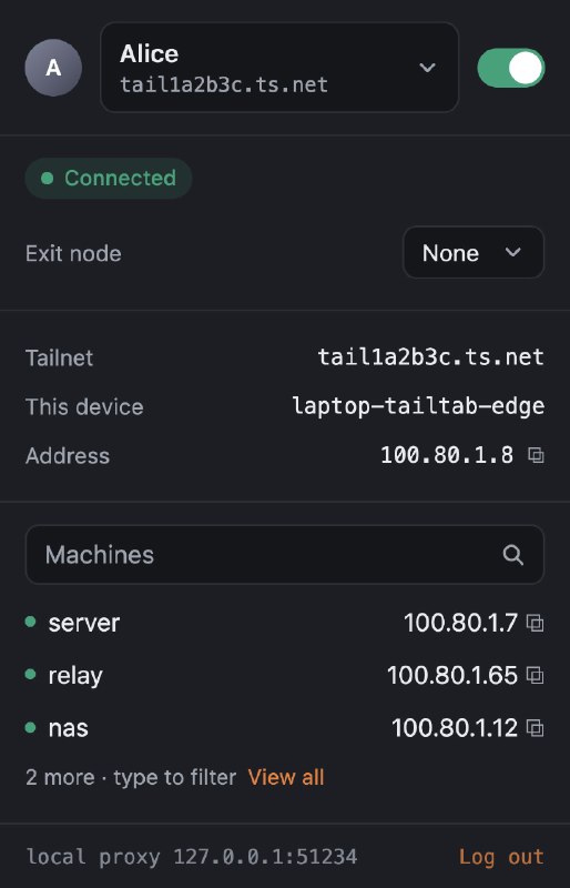 Tailtab: 为每个浏览器配置文件提供独立的 Tailscale 节点• 每个浏览器配置文件拥有独立节点、密钥和状态，支持同时接入不同 tailnet，适合多账号与多环境隔离• 默认开启分流，只有 tailnet 流量走 Tailtab，公网访问保持原路径，也支持按配置文件单独选择 exit node• 通过本地鉴权代理和原生消息桥接实现接入，无需系统级 VPN 与 root 权限，部署轻量且安全边界清晰