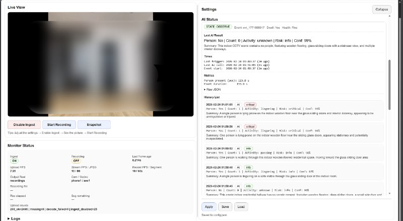 Sentinel: 将闲置 Android 手机变成局域网内的实时 AI 监控节点• 采用「手机采集 + PC 处理 + 浏览器控制」分层架构，支持 Android 端持续上传画面，PC 端进行实时预览、录制与截图• 基于 Flask + MJPEG + OpenCV 构建，本地局域网即可运行，无需依赖云端服务，适合隐私优先的轻量监控场景• 内置可扩展的 AI 触发分析机制，结合运动检测与多模态模型推理，输出结构化事件结果，适合作为视觉采集与智能分析原型平台