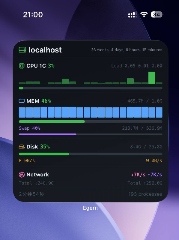 Egern 的新模块：服务器监控通过 SSH 实时监控服务器状态，支持所有 Widget 尺寸：- CPU / 内存 / 磁盘 / 网络- 动态警告色：正常绿 → 警告黄 → 危险红- 锁屏小组件也能看使用方法：1. 工具 → 模块 → 点击 + → 填入模块地址2. 在模块的 Env 中填写 host、username、password（或 privateKey）3. 分析 → 小组件画廊，即可预览4. 长按主屏幕添加 Egern 小组件，选择「服务器监控」模块地址：
