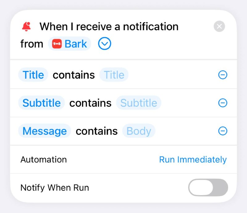 Shortcuts 新增了通知触发的自动化对应 App 推送通知后，可以自动运行捷径 比如结合 Bark ，自定义推送内容来控制手机，或者手机丢了的时候，推送个消息自动上传手机位置、自动锁屏等