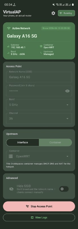 Droidspaces x OpenWRT x VirtualAP integration!This is our final goal!Making the device into a fully functional Wi-Fi router.VirtualAP is just a middleman whose only purpose is creating the hotspot.OpenWRT has the full freedom to manage the vaplan0 interface inside its own isolated network namespace, as well as nft/iptables and firewall rules, with DHCP and DNS 🗿OpenWRT never touches your phone's hardware. No more kernel panics!Testing: