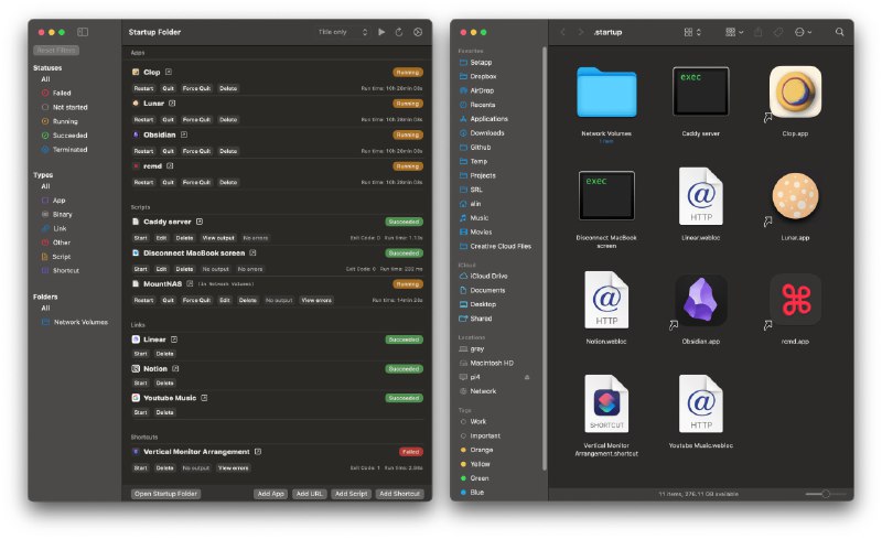 StartupFolder：一款macOS启动项管理工具· 极简设计，将应用、脚本、快捷指令等放入指定文件夹即可实现开机自启· 支持应用隐藏启动，并可强制隐藏不愿关闭窗口的应用· 提供“保持存活”功能，自动重启动作或脚本，并内置崩溃循环检测· 日志管理高效，独立文件且自动清理