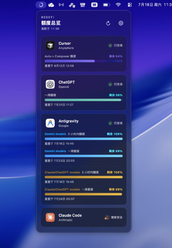 Reset!: macOS 菜单栏 AI Agent 额度监控工具群友 @pppoecat 自荐• 实时监控 Codex、Claude Code、Google Antigravity、Cursor 的 5 小时与每周额度，菜单栏圆环自动切换当前使用的 Agent• 支持 Telegram Bot 推送额度更新与重置通知，并通过 iCloud 协调多台 Mac，避免重复提醒• 基于 SwiftUI 原生开发，集成 Sparkle 自动更新，直接读取本机登录状态，安装后即可使用 