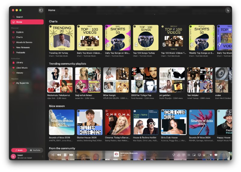 Kaset: 面向 macOS 的原生 YouTube Music 与 YouTube 客户端• 基于 Swift 和 SwiftUI 打造，提供接近 Apple Music 风格的原生界面，并支持 YouTube Music 与 YouTube 模式切换• 覆盖播放队列、同步歌词、6 段参数均衡器、Smart Shuffle，以及播放列表、播客、历史记录等核心音乐功能• 深度集成 macOS 媒体键、控制中心、画中画、Keyboard Shortcuts 和 AppleScript，也支持加载 uBlock Origin Lite 与 SponsorBlock 等扩展