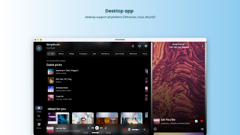 SimpMusic: 基于 YouTube Music 的跨平台开源音乐应用感谢群友 @wuyiyii 的分享• 基于 YouTube Music 与 YouTube 数据源，支持首页推荐、榜单、播客、全局搜索与歌单同步• 提供离线缓存、后台播放、同步歌词、AI 歌曲推荐与 Crossfade 淡入淡出等完整播放体验• 覆盖 Android、Desktop 与 Android Auto，采用 Clean Architecture 和 MVVM，适合关注 Kotlin 多端实践的开发者