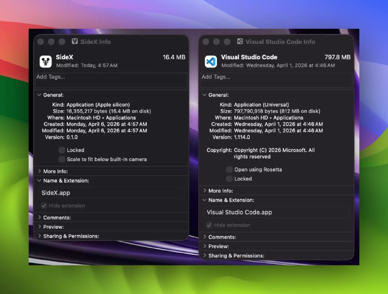 SideX: 基于 Tauri 的轻量级 VS Code 工作台移植项目• 复用 VS Code 的 TypeScript workbench 架构，已覆盖 Monaco 编辑器、集成终端、Git、文件管理与主题系统• 基于 Tauri 2 和 Rust 后端，调用系统原生 WebView，仓库展示应用体积约 16.4 MB，适合关注桌面性能的开发者• 支持 Open VSX 扩展安装、全文搜索、SQLite 存储与跨平台原生菜单，当前核心编辑体验已可用，扩展宿主与调试能力持续完善中
