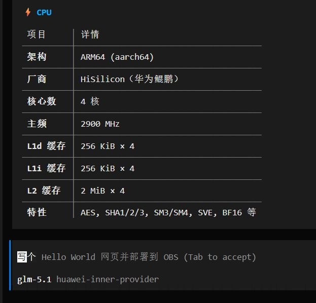 华为 AI Shell 免费容器，4 核 CPU、8 GB 内存、100 GB 存储，支持 root 权限，内置 GLM-5.1、DeepSeek 等模型