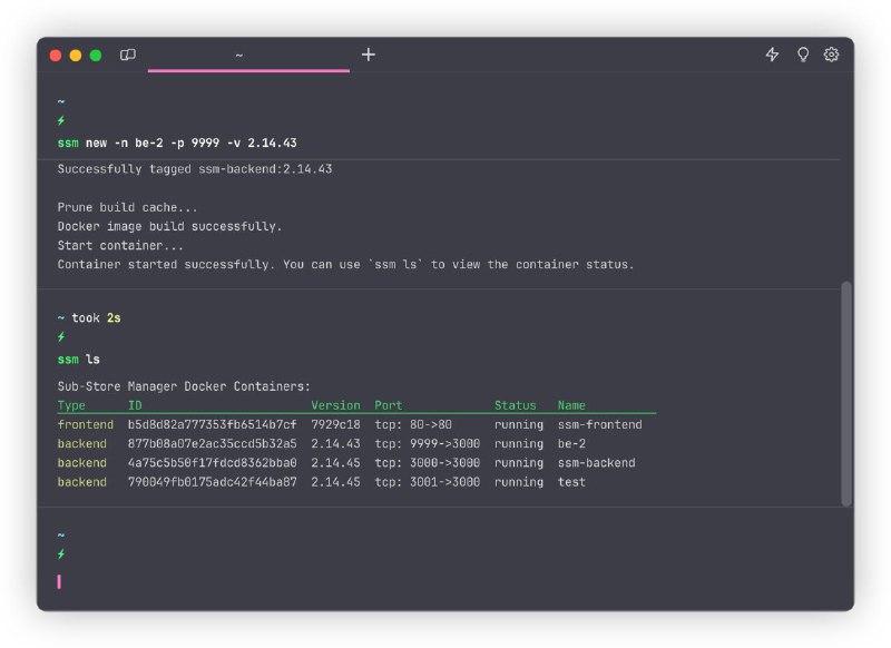 🔗 Sub-Store 周边工具🆕 Sub-Store-Manager-Cli 更新 0.0.6🌟Star（感谢支持）｜ 前情提要 ｜ 如何安装和使用▎功能• new 命令新增 -i 参数，可一键创建 Sub-Store 前端容器• 移除 update 命令，可使用 ssm delete 配合 ssm new 来实现更新并选择是否保留持久化数据▎其他事项将仓库所有者移交至 Sub-Store 组织，故之前部分链接需要更新，请查看 README 使用最新内容