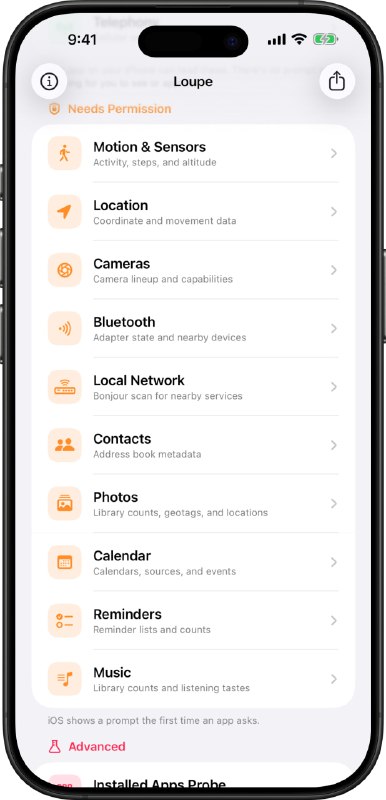 Loupe: 可视化 iOS 设备指纹暴露面的隐私研究工具• 读取公开 iOS API 暴露的真实设备信息，帮助用户理解 App 可见的数据范围• 按 Passive、Needs Permission、Advanced 分层展示指纹信号，覆盖系统设置、权限数据与侧信道能力• 数据默认留在本机，支持查看原始值，适合隐私研究、移动安全教学与 App 风险评估