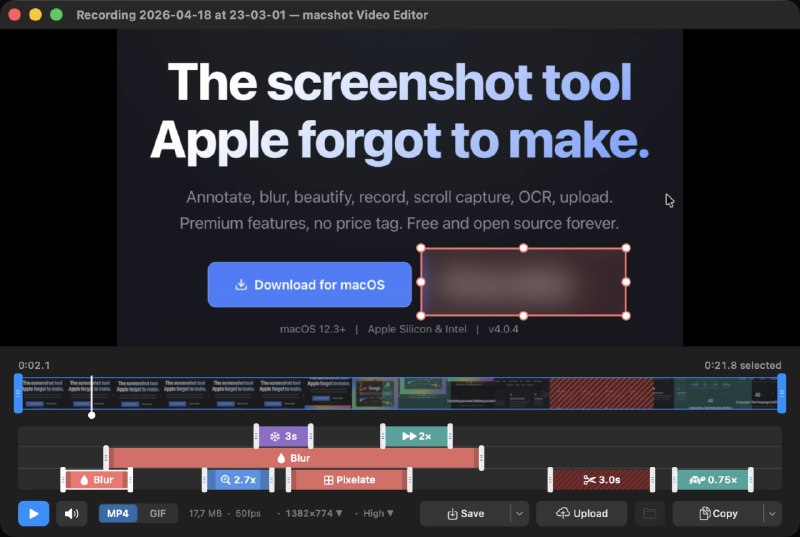 macshot: 原生 macOS 截图与录屏一体化效率工具• 集成截图 标注 录屏与视频编辑，支持 MP4 与 GIF 导出，适合开发演示与问题反馈• 内置 OCR 与翻译、PII 自动打码、滚动截图、二维码识别，信息提取和隐私处理一步完成• 基于 Swift 与 AppKit 构建，支持多显示器、快捷键、历史记录与 S3 兼容上传，日常使用轻量顺手