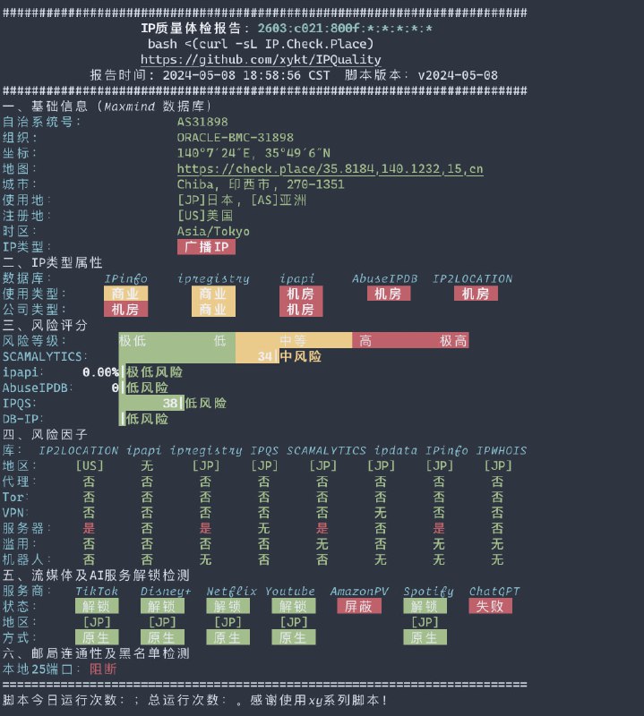 #脚本 #bash #IP #VPS #服务器 #检测 #质量IP 质量体检脚本效果如图 还有斜体 作者用心了努力做市面最好的IP质量检测类脚本中英文双语言支持（基础信息德/法/日/俄/西/葡支持）支持IPv4/IPv6双栈查询精美排版，直观显示，多终端单屏优化展示，便于截图分享基础信息、IP类型、风险评分、风险因子、流媒体解锁、邮局检测六大模块 作者发布贴 作者仓库