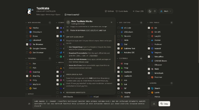 Linux-app-installer: 一站式 Linux 应用批量安装工具  • 支持 Ubuntu、Debian、Arch、Fedora 等主流发行版并兼容 Flatpak、Snap 与 Nix  • 自动生成带进度条、彩色输出的 Shell 脚本，检测已装软件并智能处理 AUR 与 RPM Fusion  • 超过 180 款常用软件分类展示，支持键盘快捷键和 Docker 一键部署  