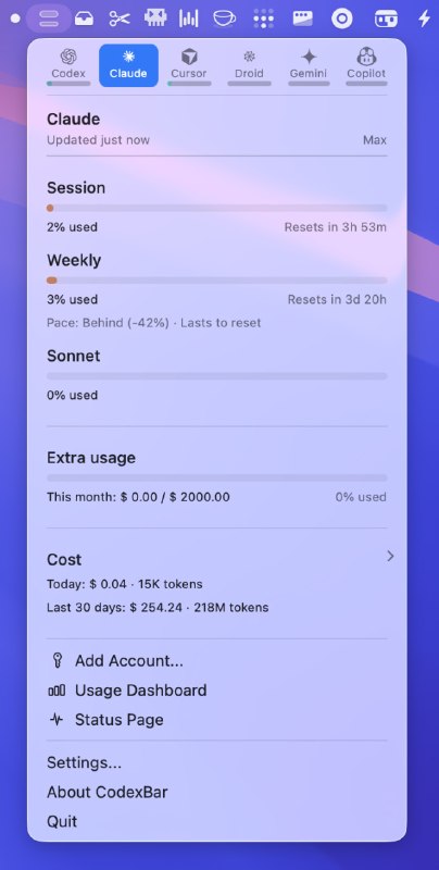 CodexBar: 聚合 AI 编码工具额度与成本数据的 macOS 菜单栏应用• 在菜单栏集中显示 Codex、Claude、Cursor、Gemini 等服务的会话额度、周额度和重置倒计时• 支持本地读取日志、Cookie 和 OAuth 凭证，追踪近 30 天成本数据与多账号使用情况• 自带 CLI、合并图标模式和 Widget，方便接入脚本、CI 和多服务工作流