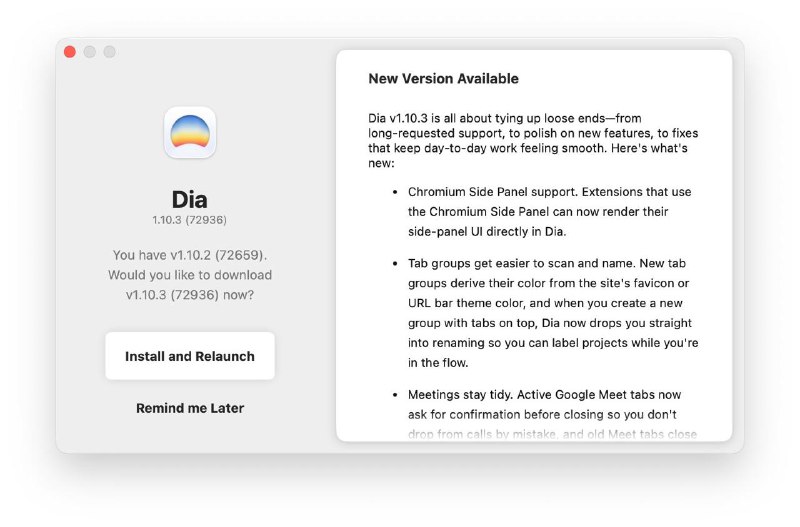 #App #Chrome #Mac #Dia Dia 终于支持 Chromium 内核的 Side Panel 特性了原来 Arc 也是阉割掉了这个特性，导致很多使用 side-panel API 的拓展都无法使用，现在终于好了，也算是某种程度上的史诗级更新了！
