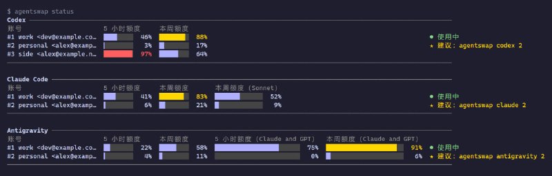 agentswap: 面向 Codex、Claude Code 与 Antigravity CLI 的本地多账号切换工具