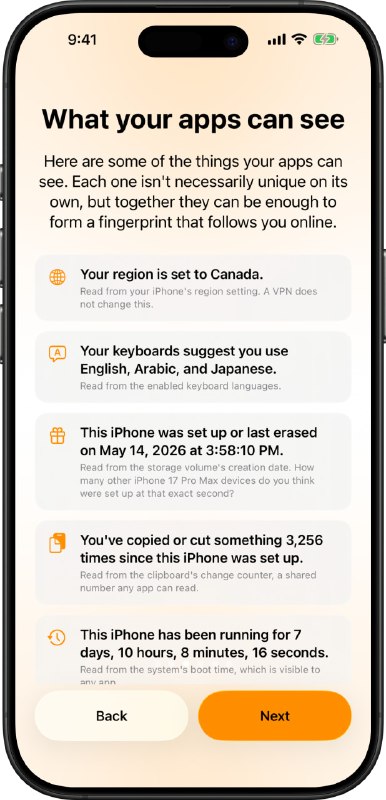 Loupe: 可视化 iOS 设备指纹暴露面的隐私研究工具• 读取公开 iOS API 暴露的真实设备信息，帮助用户理解 App 可见的数据范围• 按 Passive、Needs Permission、Advanced 分层展示指纹信号，覆盖系统设置、权限数据与侧信道能力• 数据默认留在本机，支持查看原始值，适合隐私研究、移动安全教学与 App 风险评估