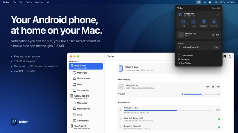 Tether: 基于 KDE Connect 的原生 macOS Android 协同工具