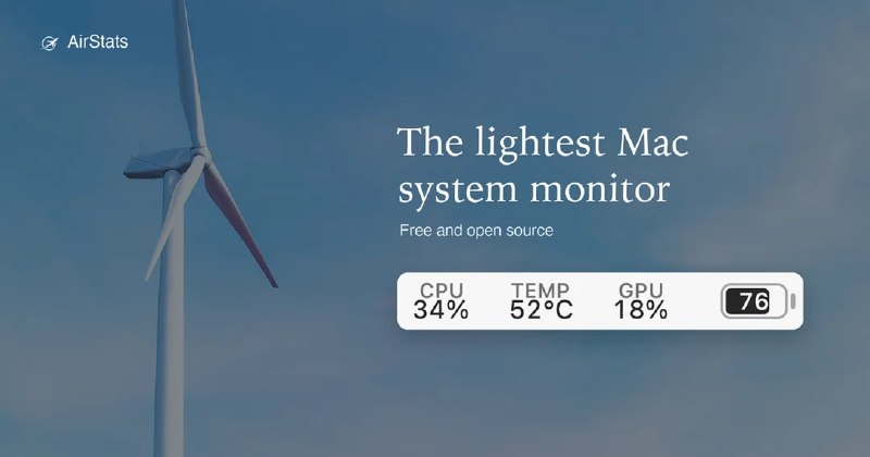 AirStats: 面向 macOS 的轻量级菜单栏系统监控工具• 菜单栏实时展示 CPU、GPU、温度、电池等指标，点击面板可查看每核心负载、内存压力和高占用进程• 支持桌面浮层固定关键模块，并提供快捷键快速呼出，适合开发、渲染和性能排查场景• 提供阈值告警、自定义配色与 MIT 开源代码，体积仅 4.6 MB，适配 Apple silicon 和 macOS 14 及以上