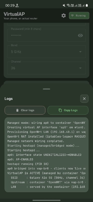 Droidspaces x OpenWRT x VirtualAP integration!This is our final goal!Making the device into a fully functional Wi-Fi router.VirtualAP is just a middleman whose only purpose is creating the hotspot.OpenWRT has the full freedom to manage the vaplan0 interface inside its own isolated network namespace, as well as nft/iptables and firewall rules, with DHCP and DNS 🗿OpenWRT never touches your phone's hardware. No more kernel panics!Testing: