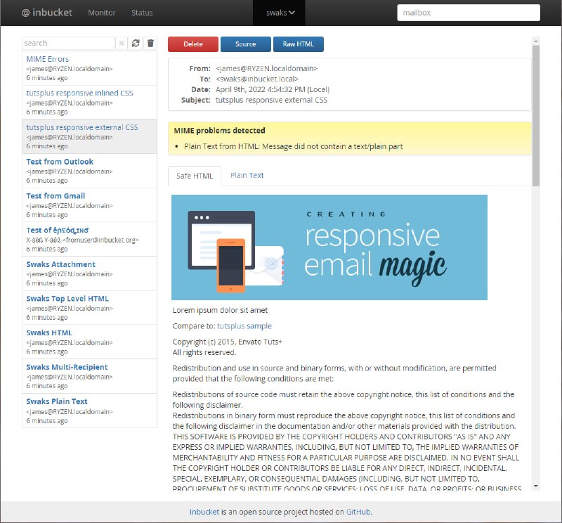 Inbucket: 自托管的临时邮件测试服务器• 内置 SMTP、POP3、Web UI 和 REST API，可接收任意地址邮件，适合注册流程、验证码和通知链路测试• 单文件即可部署，HTTP、邮件协议与存储能力全部内建，适合本地开发、测试环境和 CI 流程• 提供可视化收件箱与 Go REST 客户端，方便做邮件抓取、内容校验和自动化测试集成